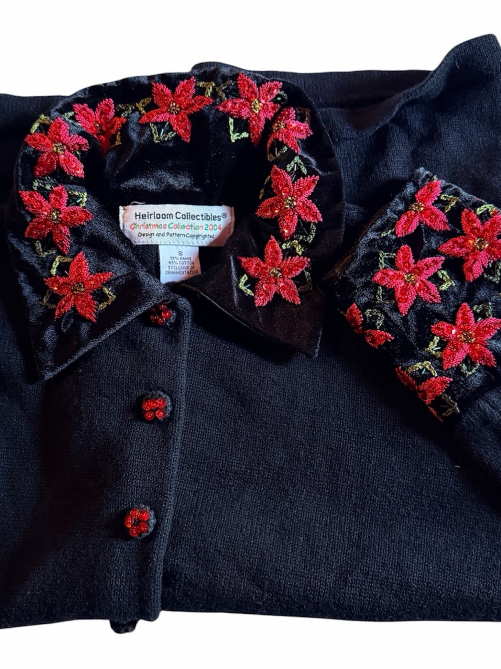 Heirloom Collectibles Christmas 2004 Poinsettia Velvet Trim Sweater Black Medium